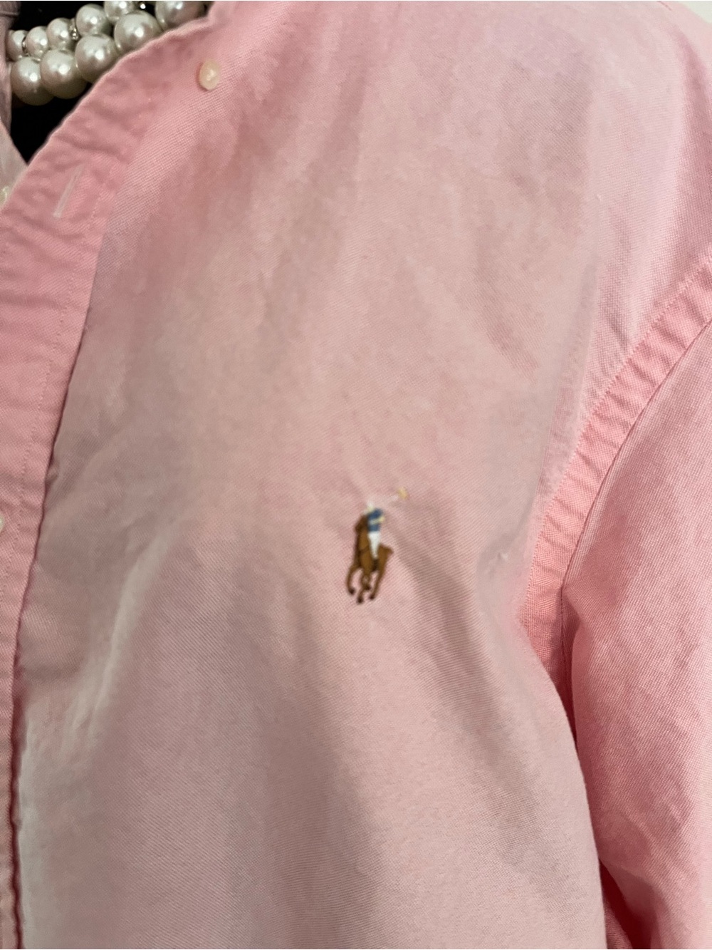Upcycled Ralph Lauren Light Pink Button-Down Oxford Shirt with Ruffle Collar - Picture 2 of 7